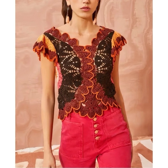 Ulla Johnson Crochet-Knit Ruffle Short-Sleeve Magdalena Top - Picture 1 of 7